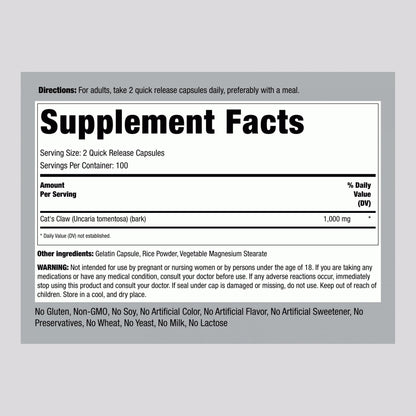 Piping Rock Cat's Claw Capsules 1000mg | 200 Count | UNA De Gato | Herbal Supplement | Non-GMO, Gluten Free