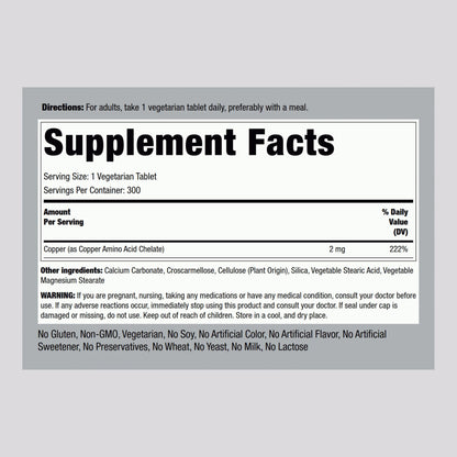 Piping Rock Chelated Copper 2 mg - 300 Tablets - Vegetarian, Non-GMO, Gluten Free (Pack of 2)