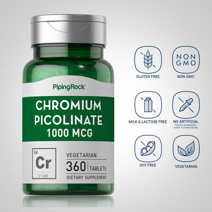 Piping Rock Chromium Picolinate 1000mcg – 360 Tablets | Vegetarian, Non-GMO, Gluten Free