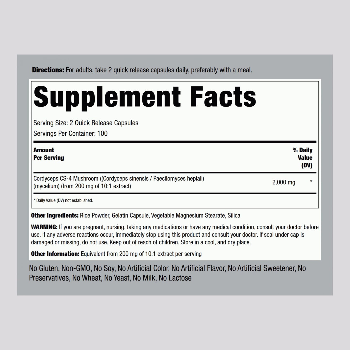 Piping Rock Cordyceps Mushroom Capsules 2000mg – 200 Count | CS-4 Strain | Concentrated Extract | Herbal Supplement | Non-GMO, Gluten Free