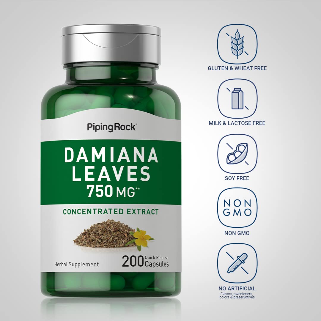 Piping Rock Damiana Leaf Capsules | 750 mg | 200 Count | Non-GMO, Gluten Free