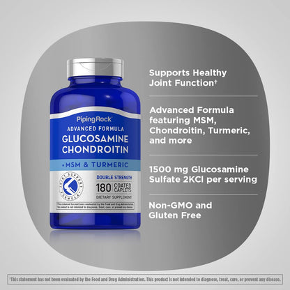 Piping Rock Glucosamine Chondroitin MSM Plus Turmeric – 180 Caplets | Double Strength