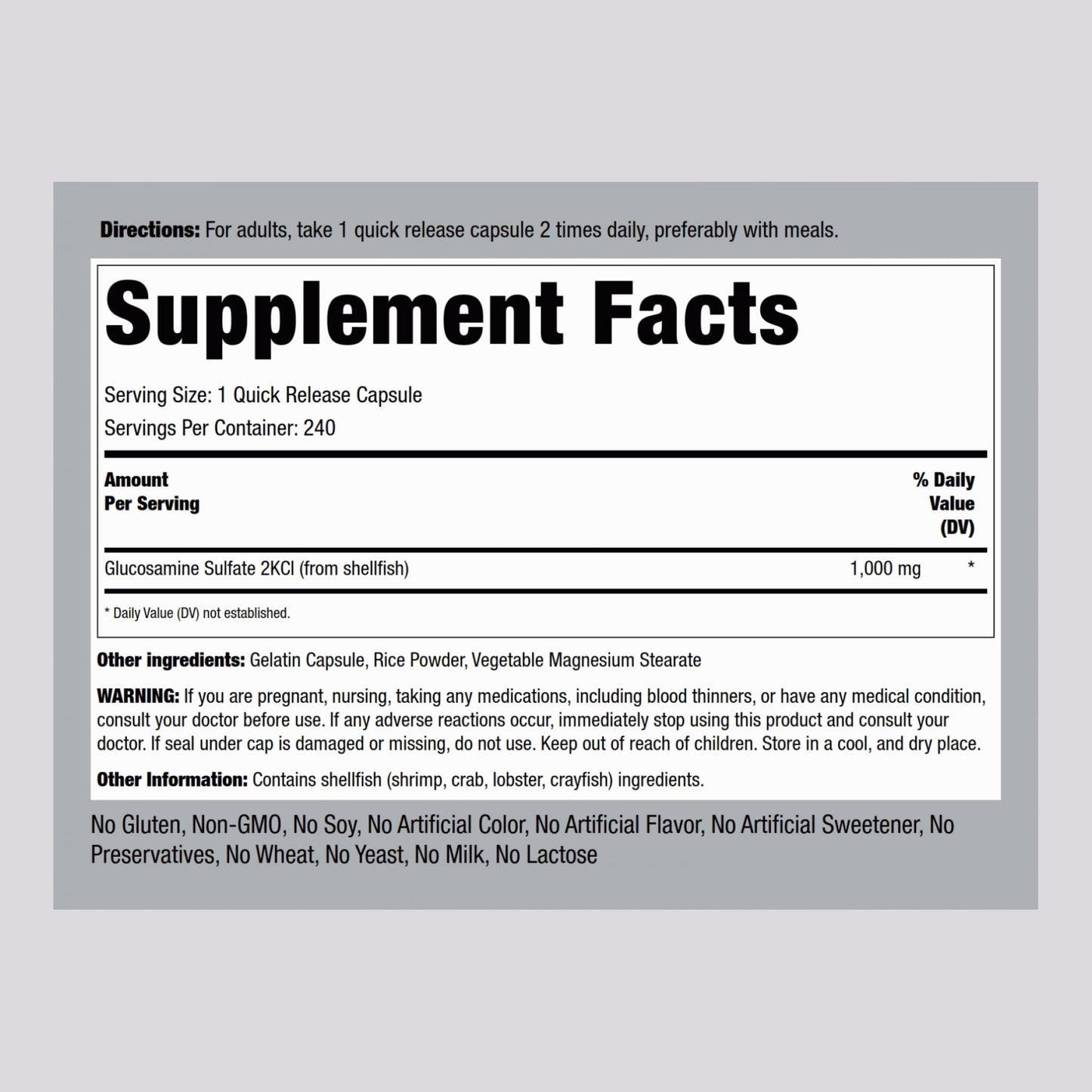 Piping Rock Glucosamine Sulfate 1000mg | 240 Capsules | Joint Support