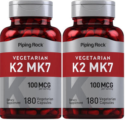 Piping Rock K2 MK7 Vitamin Supplement 100 mcg | 180 Vegetarian Capsules | Pack of 2