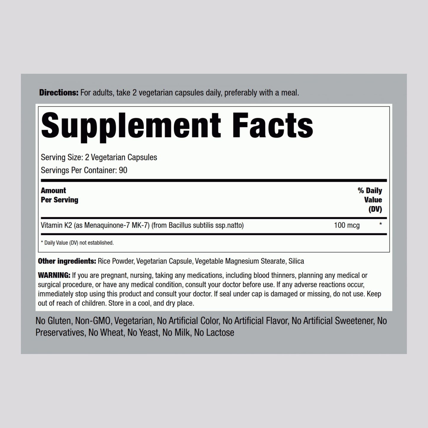 Piping Rock K2 MK7 Vitamin Supplement 100 mcg | 180 Vegetarian Capsules | Pack of 2