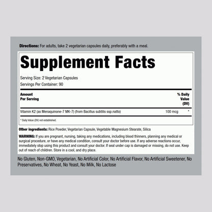 Piping Rock K2 MK7 Vitamin Supplement 100 mcg – 180 Vegetarian Capsules – Non-GMO, Gluten Free