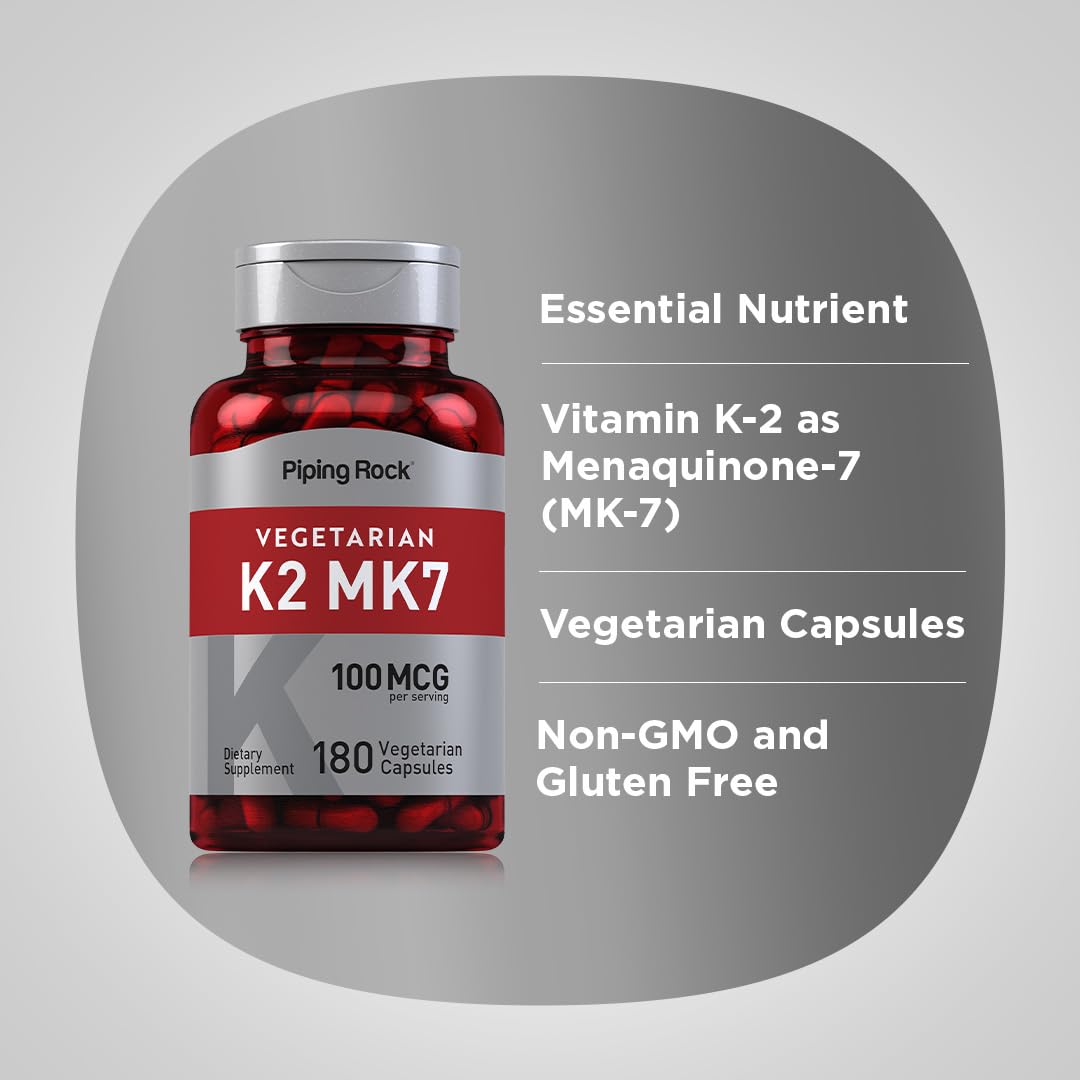 Piping Rock K2 MK7 Vitamin Supplement 100 mcg – 180 Vegetarian Capsules – Non-GMO, Gluten Free