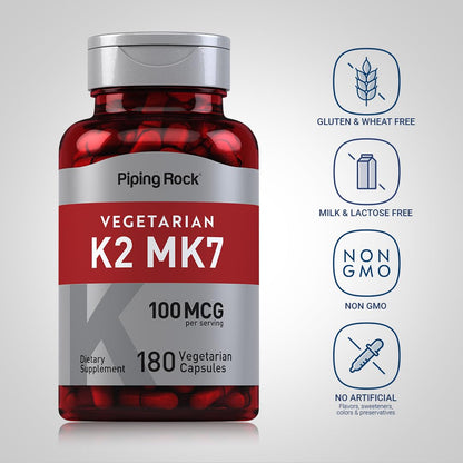 Piping Rock K2 MK7 Vitamin Supplement 100 mcg | 180 Vegetarian Capsules | Pack of 2