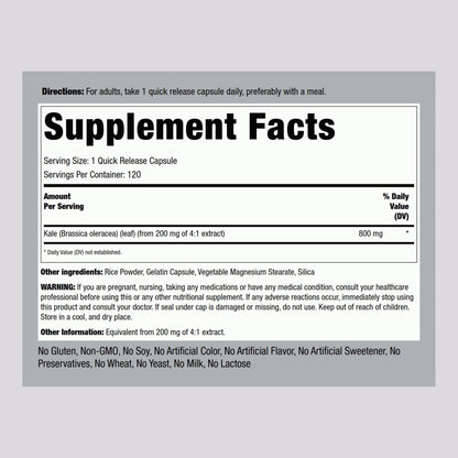 Piping Rock Kale Extract Capsules 800mg – 120 Count, Gluten Free & Non-GMO