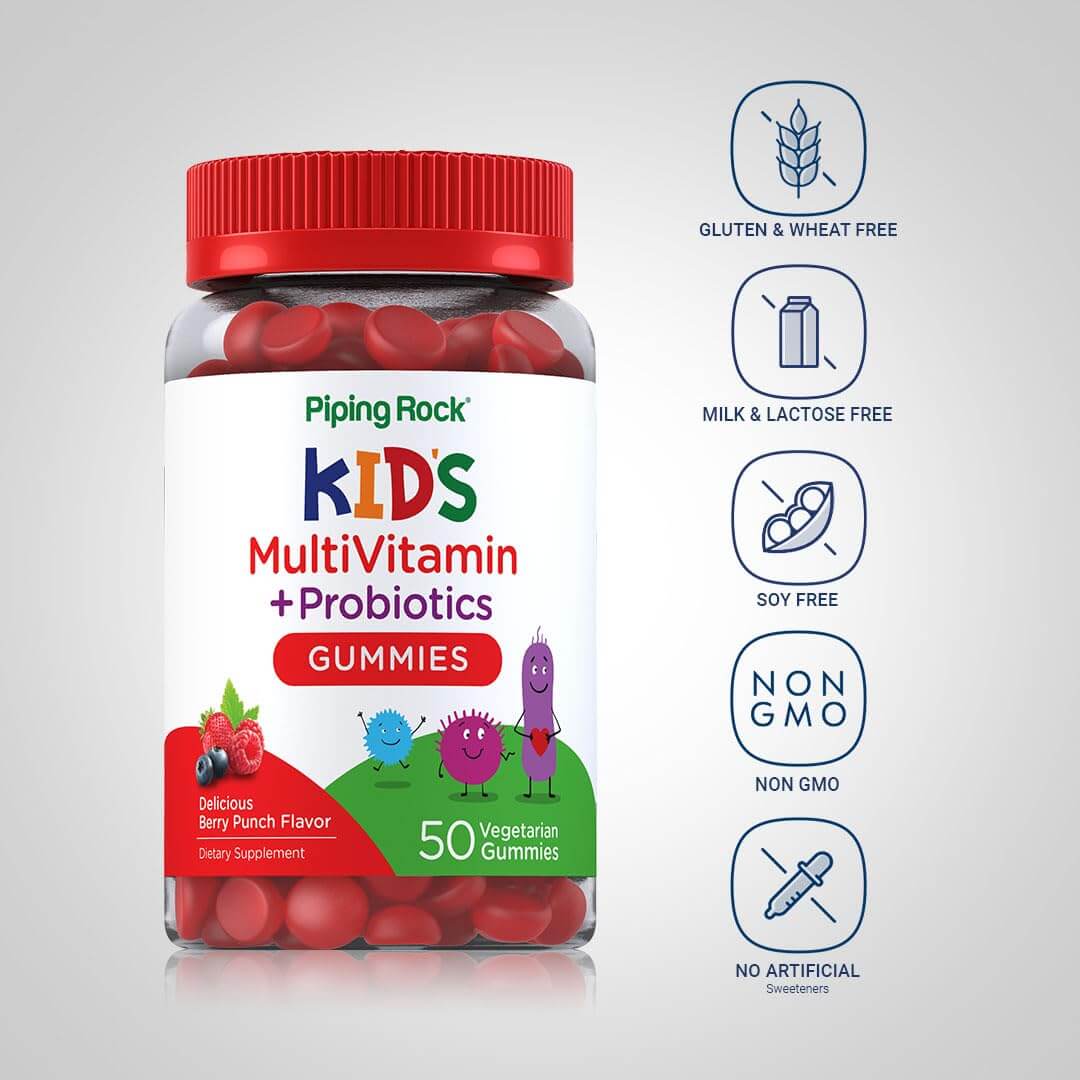 Piping Rock Kid's Multivitamin & Probiotic Gummies – Berry Punch, 50 Gummies | Vegetarian, Non-GMO, Gluten Free