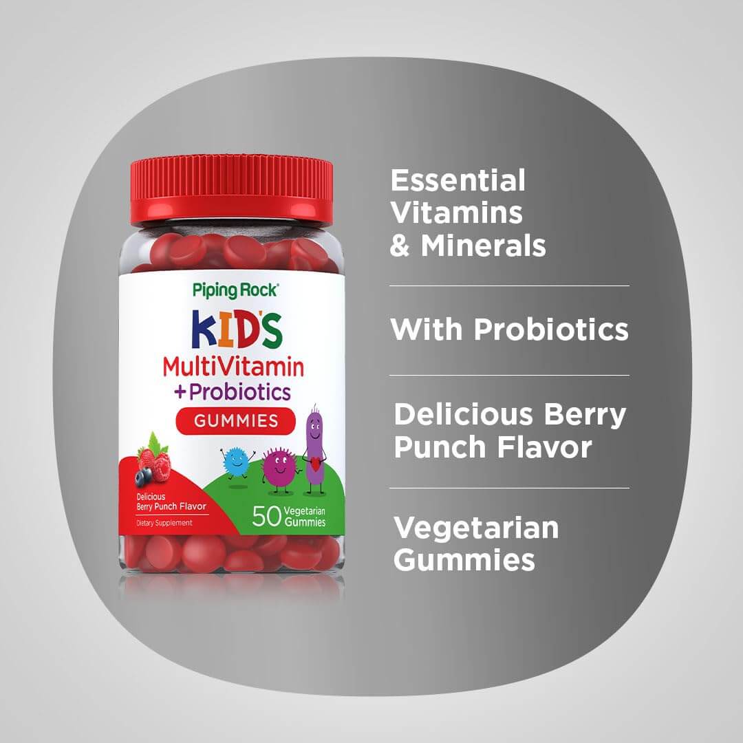 Piping Rock Kid's Multivitamin & Probiotic Gummies – Berry Punch, 50 Gummies | Vegetarian, Non-GMO, Gluten Free