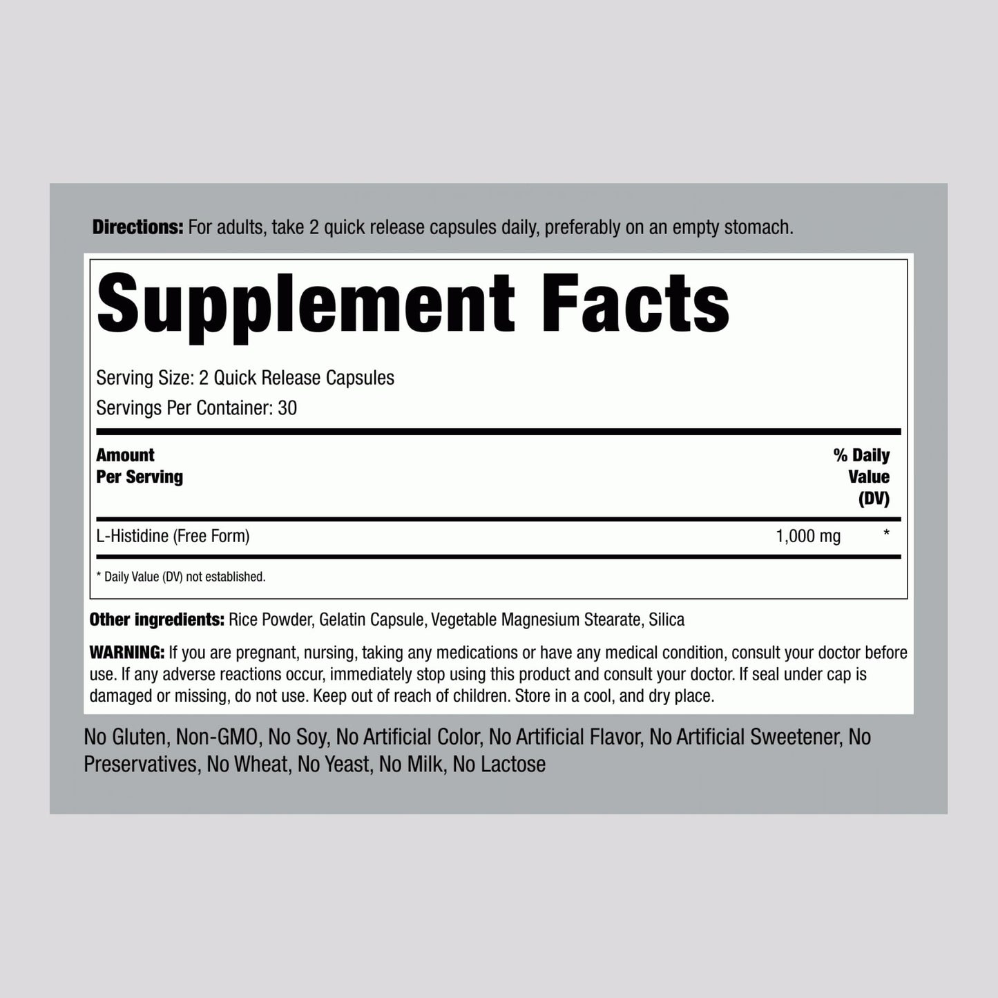 Piping Rock L-Histidine 1000 mg | 60 Capsules | Free Form Supplement | Non-GMO, Gluten Free (Pack of 2)