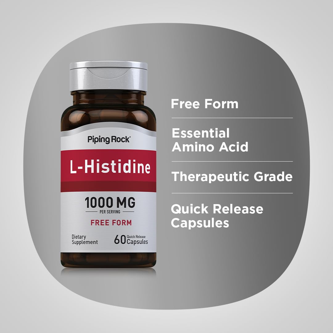 Piping Rock L-Histidine 1000 mg | 60 Capsules | Free Form Supplement | Non-GMO, Gluten Free (Pack of 2)