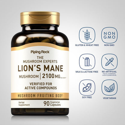 Piping Rock Lions Mane 2100mg Capsules | 90 Count | Vegan, Non-GMO, Gluten Free