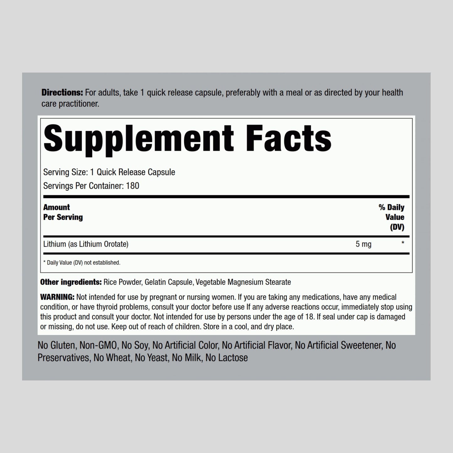 Piping Rock Lithium Orotate Supplement – 5 mg, 180 Capsules | Non-GMO, Gluten Free