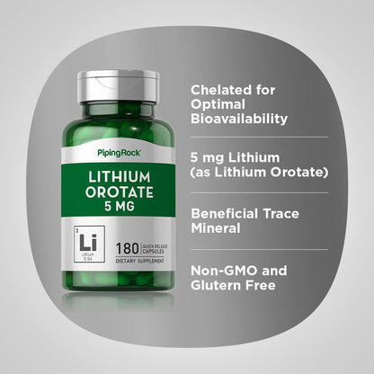 Piping Rock Lithium Orotate Supplement – 5 mg, 180 Capsules | Non-GMO, Gluten Free