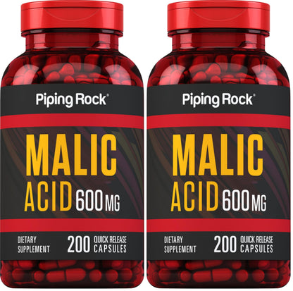 Piping Rock Malic Acid Capsules 600mg - 200 Caps (Pack of 2) | Gluten Free & Non-GMO
