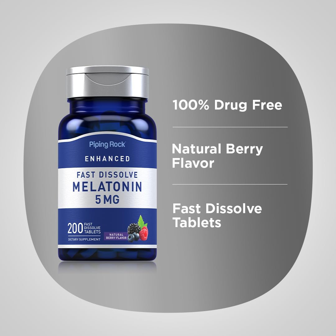 Piping Rock Melatonin 5mg – 200 Fast Dissolve Tablets | Berry Flavor | Vegetarian, Non-GMO, Gluten Free