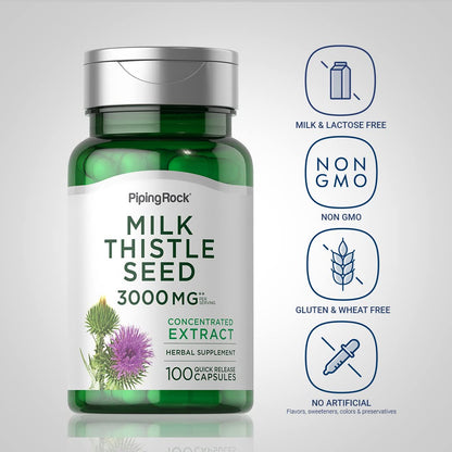 Piping Rock Milk Thistle 3000mg - 100 Capsules | Concentrated Herbal Extract | Non-GMO, Gluten Free