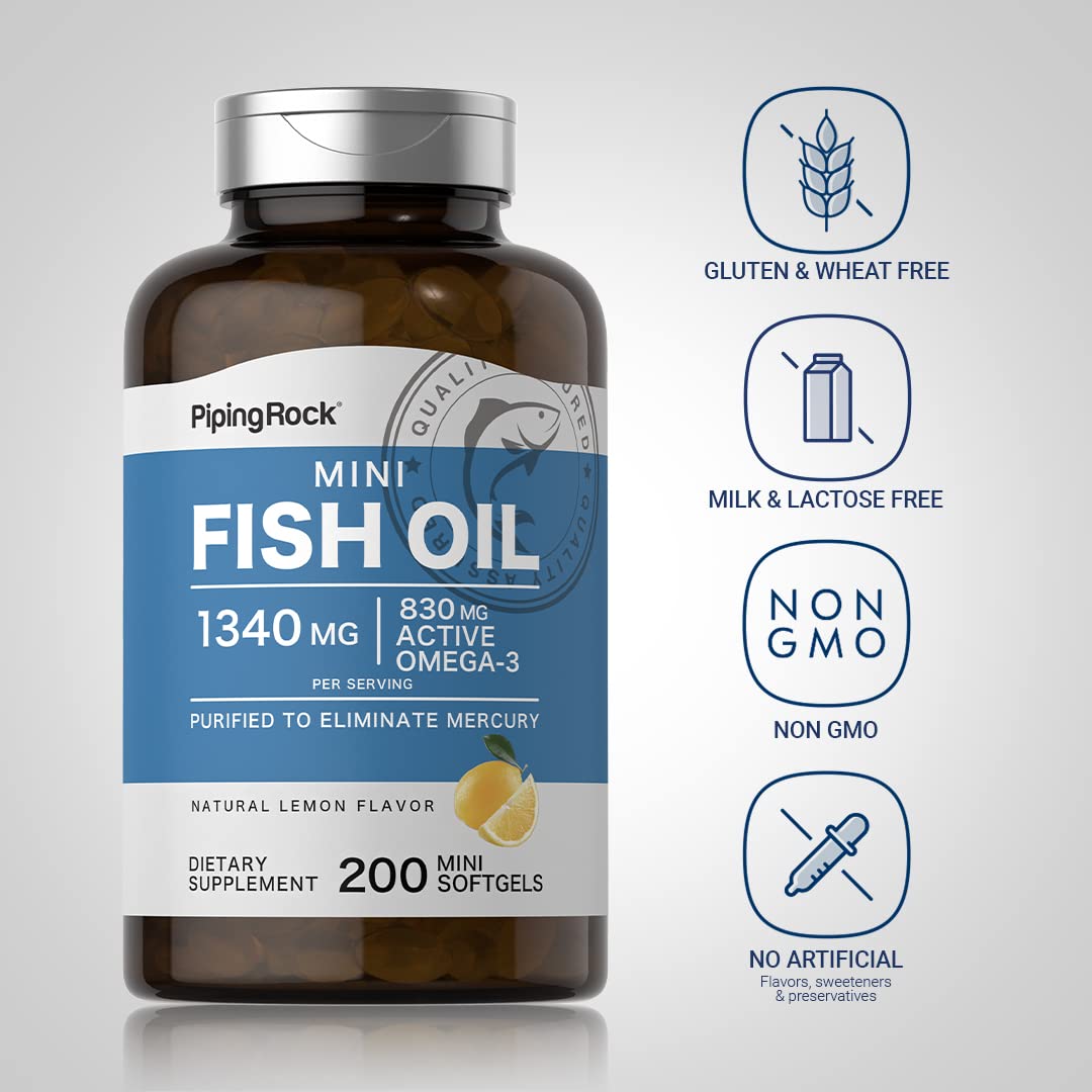 Piping Rock Mini Fish Oil 1340mg | 200 Softgels | Omega-3 Lemon Flavor | Non-GMO & Gluten Free
