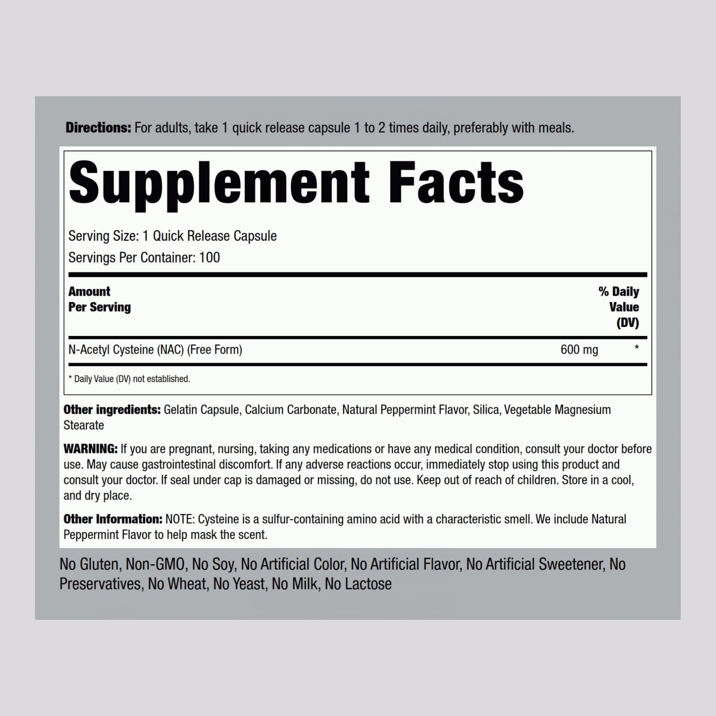 Piping Rock NAC 600mg N-Acetyl Cysteine - 100 Capsules | Non-GMO, Gluten Free