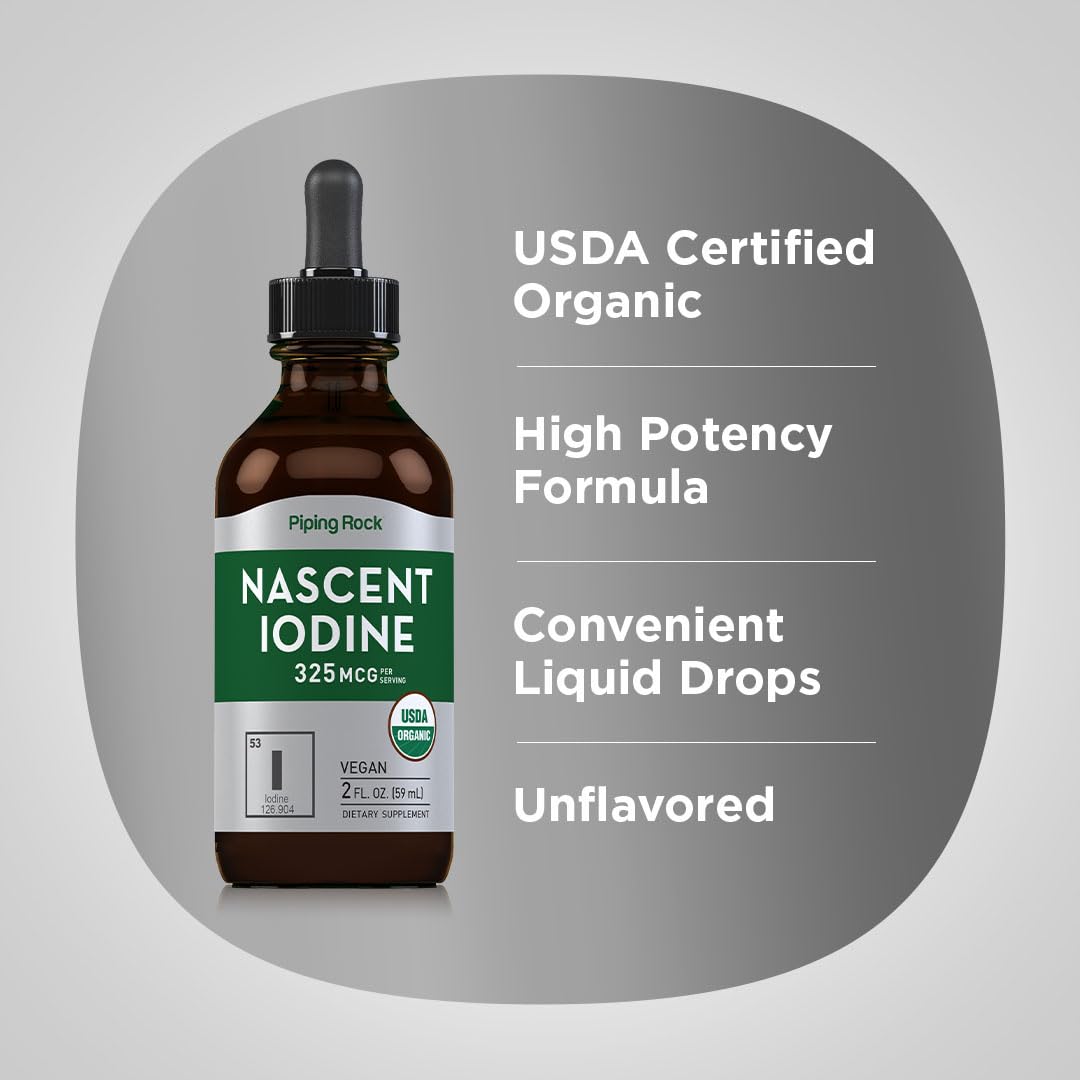 Piping Rock Nascent Iodine Drops Organic | 2 fl oz | Liquid Vegan Supplement | Non-GMO, Gluten Free (Pack of 2)