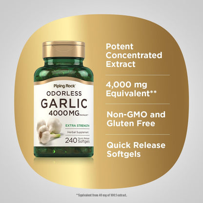 Piping Rock Odorless Garlic Softgels – 4000mg, 240 Count | Extra Strength | Non-GMO & Gluten Free