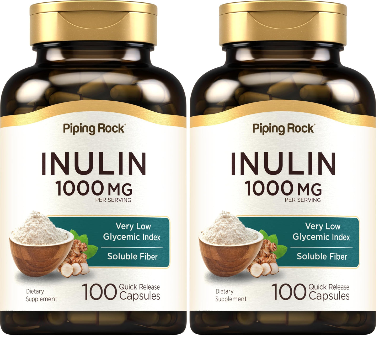 Piping Rock Organic Inulin Capsules 1000 mg - 100 Count | Low Glycemic Fiber | Non-GMO, Gluten Free (Pack of 2)