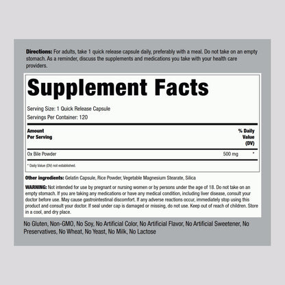 Piping Rock Ox Bile Supplement 500mg | 120 Capsules | Digestive Enzyme | Non-GMO, Gluten Free | Pack of 2