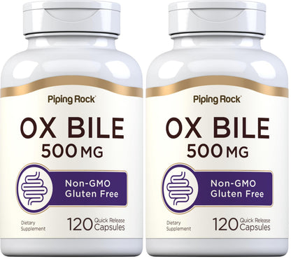 Piping Rock Ox Bile Supplement 500mg | 120 Capsules | Digestive Enzyme | Non-GMO, Gluten Free | Pack of 2