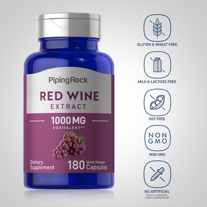 Piping Rock Red Wine Extract Capsules 1000mg | 180 Count | Non-GMO, Gluten Free Supplement (Pack of 2)