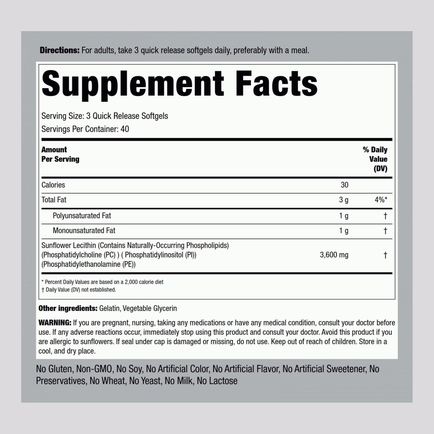 Piping Rock Sunflower Lecithin Softgel Capsules | 3600 mg | 120 Pills | Phosphatidylcholine Rich | Soy Free, Non-GMO, Gluten Free