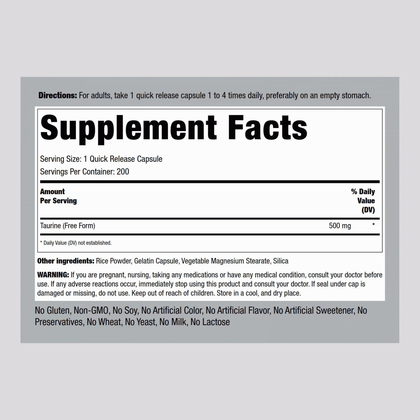 Piping Rock Taurine Supplement 500 mg | 200 Capsules | Amino Acid | Free Form | Non-GMO & Gluten Free (Pack of 2)