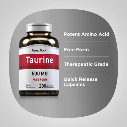Piping Rock Taurine Supplement 500 mg | 200 Capsules | Amino Acid | Free Form | Non-GMO & Gluten Free (Pack of 2)
