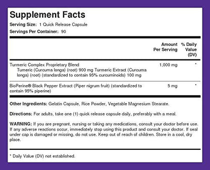 Piping Rock Turmeric Curcumin 1000mg with Black Pepper – 90 Capsules | Non-GMO, Gluten Free