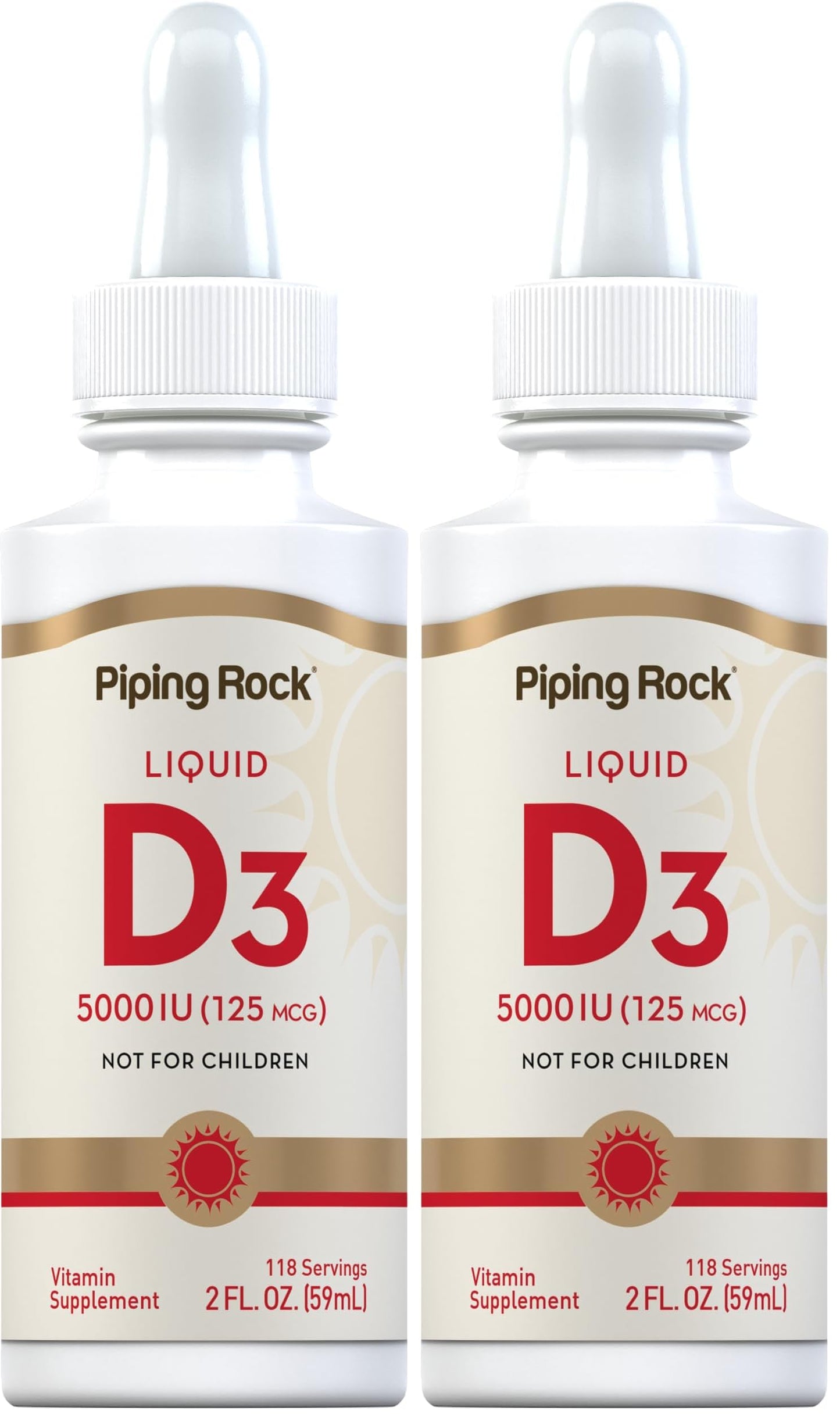Piping Rock Vitamin D3 Liquid 5000 IU (125 mcg) - 2 oz | Vitamin D Drops for Adults | Vegetarian, Non-GMO, Gluten Free | Pack of 2