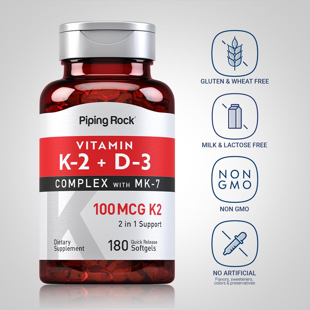 Piping Rock Vitamin K2 D3 MK7 – 100 mcg K2, 180 Softgels (Pack of 2) – Non-GMO, Gluten Free
