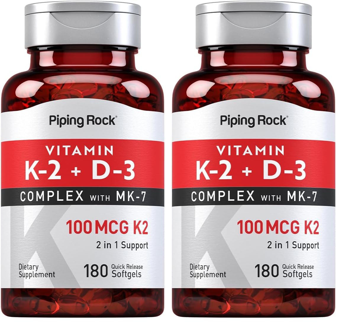 Piping Rock Vitamin K2 D3 MK7 – 100 mcg K2, 180 Softgels (Pack of 2) – Non-GMO, Gluten Free