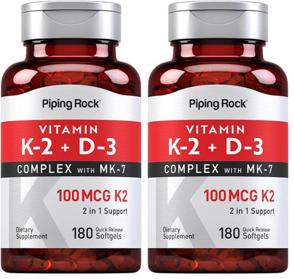 Piping Rock Vitamin K2 D3 MK7 – 100 mcg K2, 180 Softgels (Pack of 2) – Non-GMO, Gluten Free