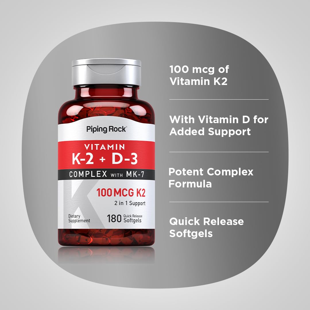 Piping Rock Vitamin K2 D3 MK7 – 100 mcg K2, 180 Softgels (Pack of 2) – Non-GMO, Gluten Free