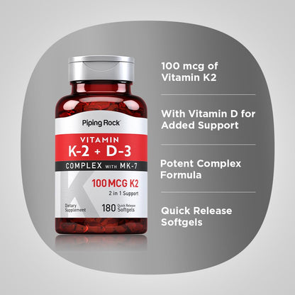 Piping Rock Vitamin K2 D3 MK7 – 100 mcg K2, 180 Softgels (Pack of 2) – Non-GMO, Gluten Free