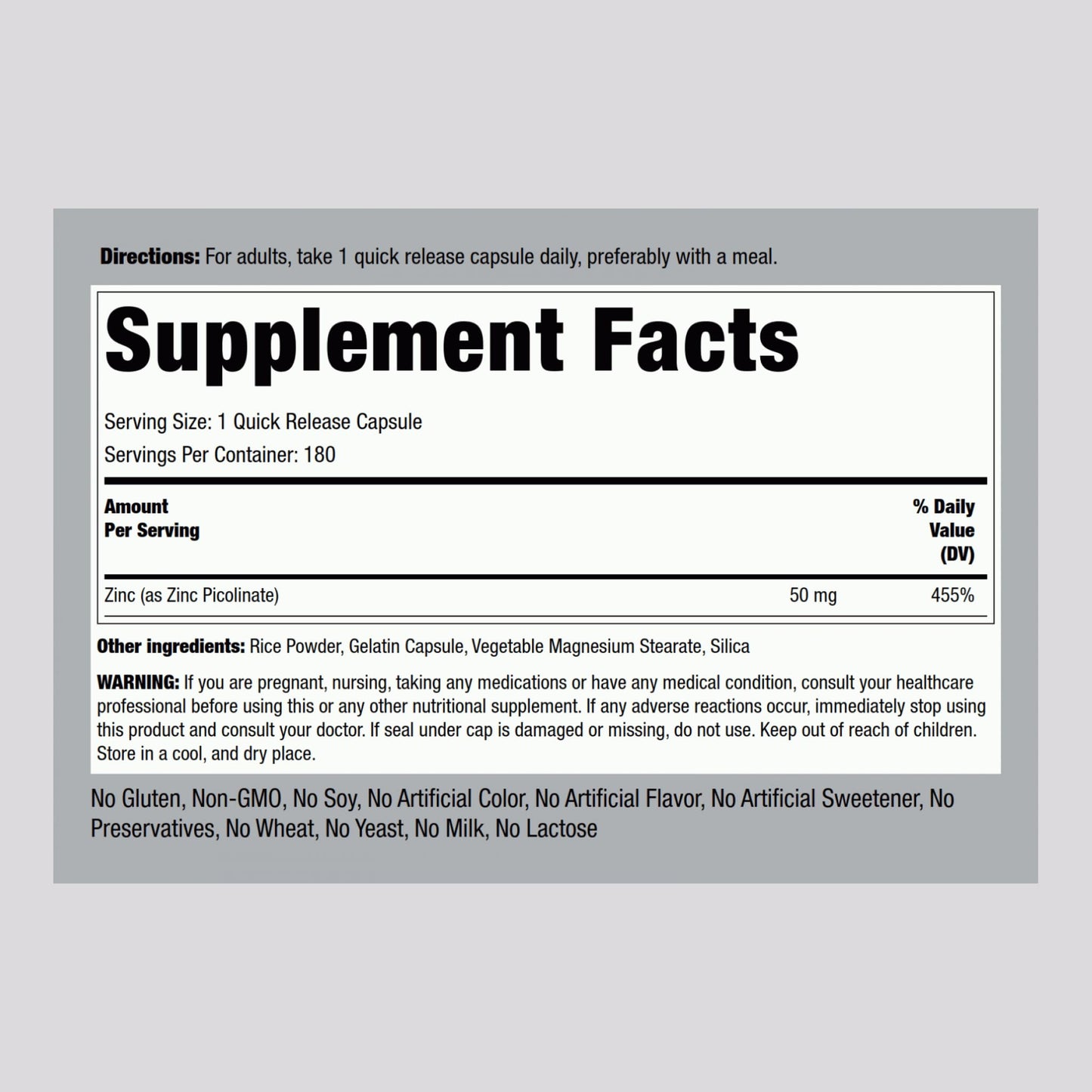 Piping Rock Zinc Picolinate 50mg - 180 Capsules (Non-GMO, Gluten Free)