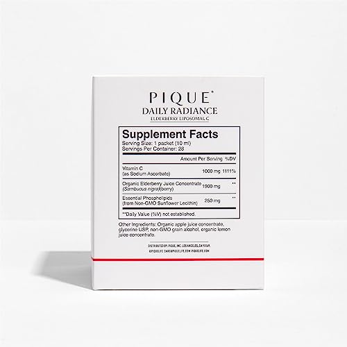 PIQUE Daily Radiance Liposomal Vitamin C — 1,000 mg Vitamin C & 1,900 mg Elderberry per Packet (28 Packets, 10 mL Each)