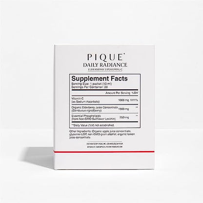 PIQUE Daily Radiance Liposomal Vitamin C — 1,000 mg Vitamin C & 1,900 mg Elderberry per Packet (28 Packets, 10 mL Each)