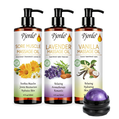 Pjordo 3 Pack Massage Oils & Roller Ball – Vanilla, Lavender & Arnica | Spa Gift Set