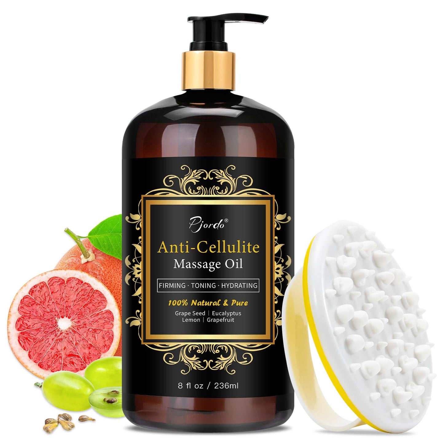 Pjordo Anti Cellulite Massage Oil Kit – Collagen, Stem Cells & Massager for Skin Tightening