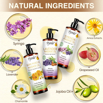 Pjordo Massage Oil Kit – Lilac, Lavender & Arnica with Roller Ball | Spa Gift Set