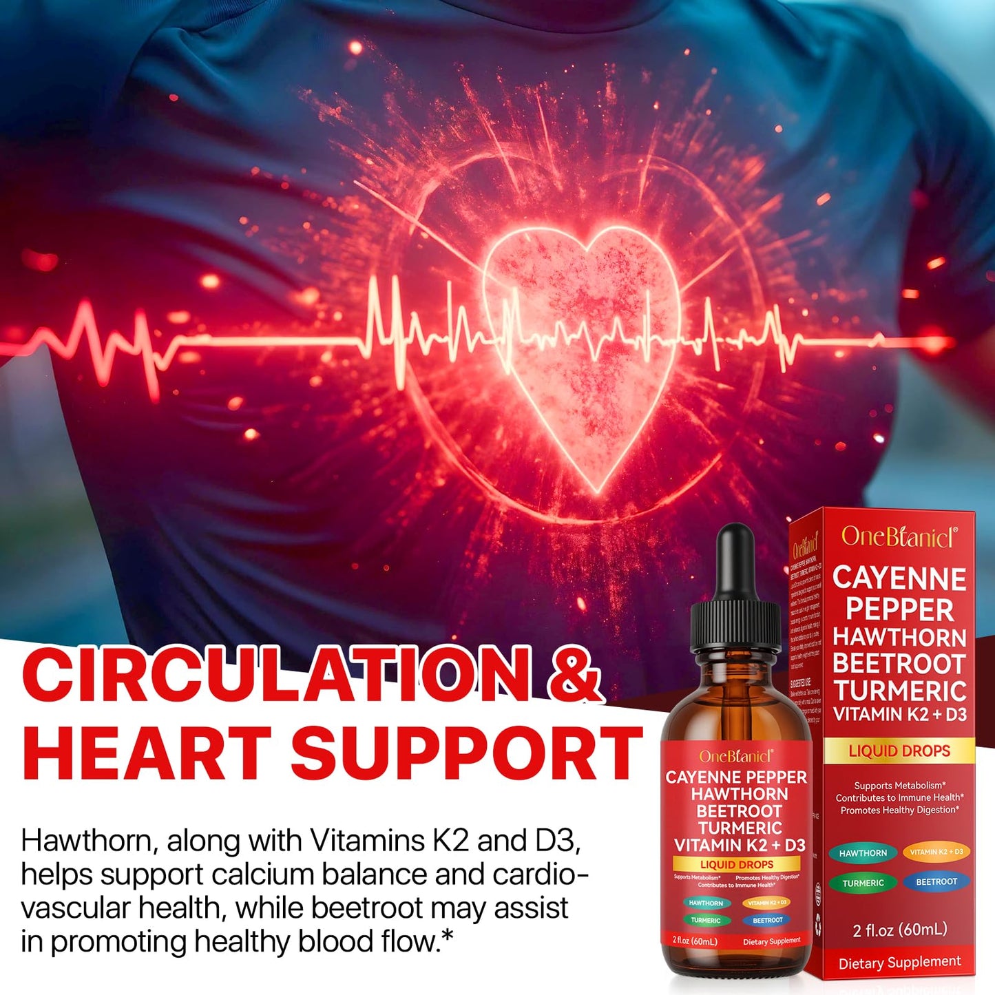 2-Count Cayenne Pepper Drops with Hawthorn, Beet Root, Turmeric, Vitamin K2 & D3 - 60ml