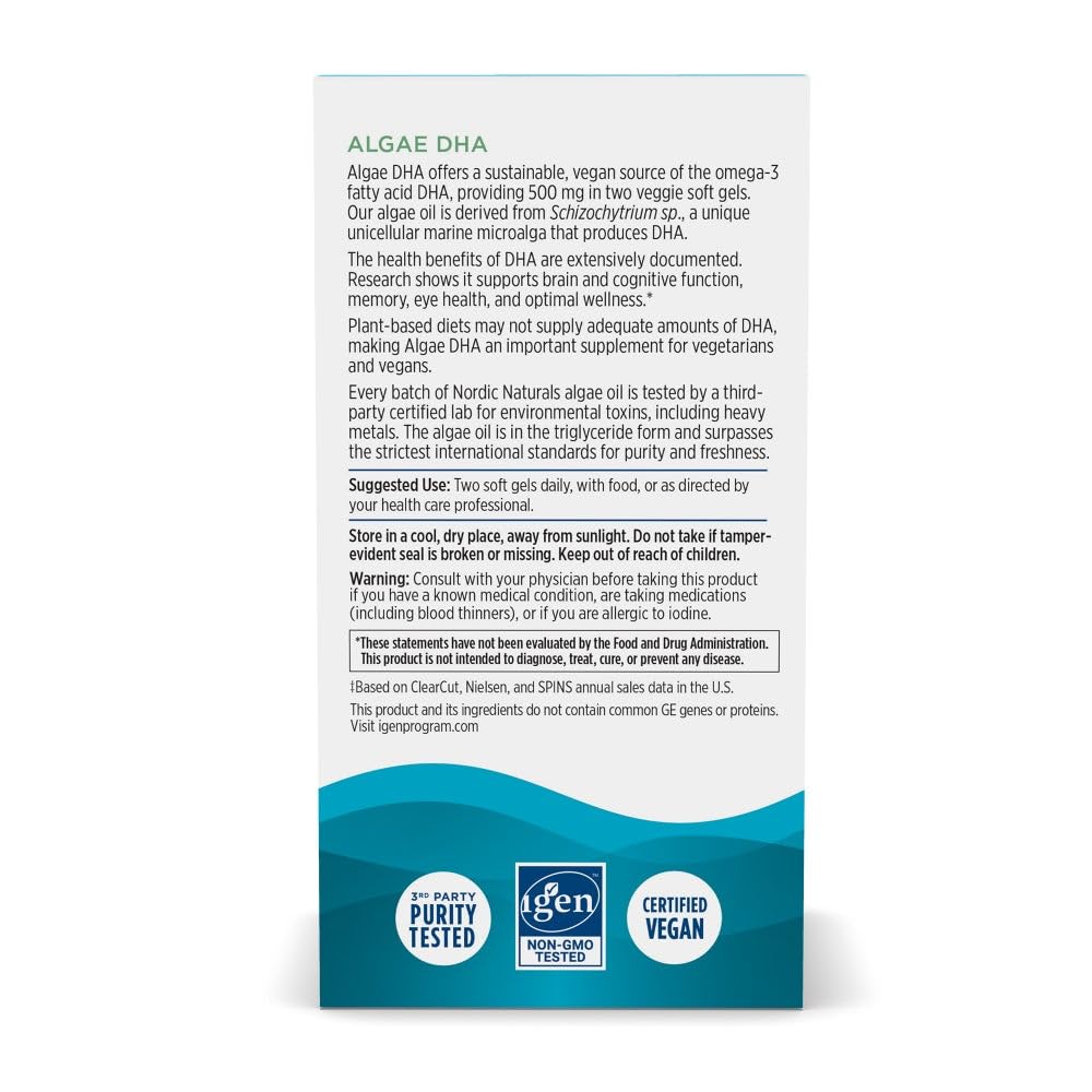 Nordic Naturals Algae DHA - 90 Soft Gels, 500 mg Vegan Omega-3 DHA