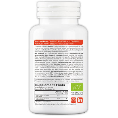 Organic RoseHips & Acerola Capsules – Plant-Based Vitamin C 1000mg | Vegan, GMO-Free (90 Capsules)